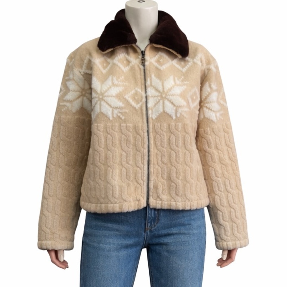 Vintage Alpine Fleece Fair Isle Cardigan | Faur Fur Collar | Full Zip | Small